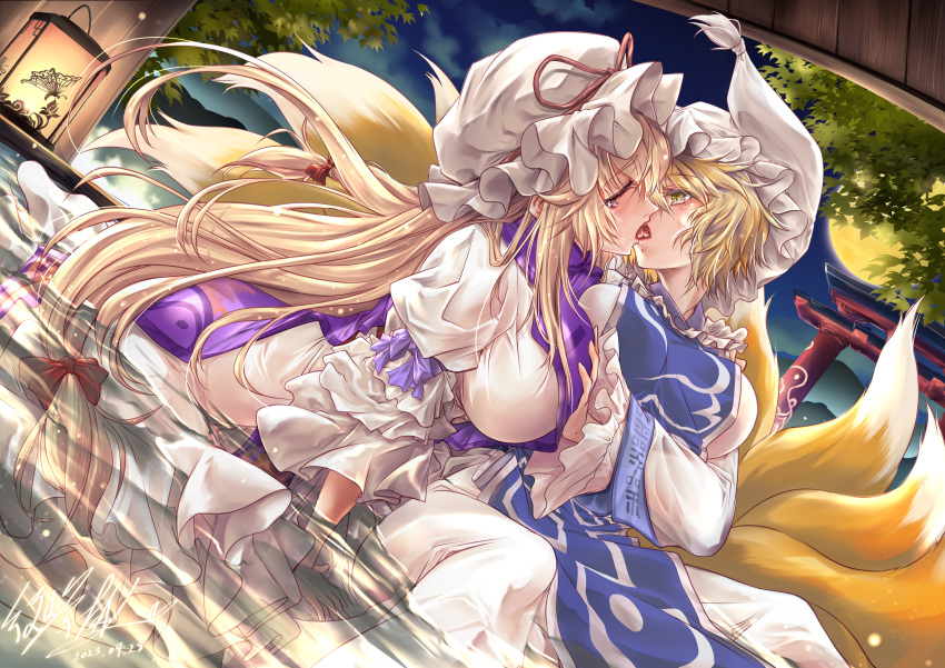 2girls absurdres animal_ears blonde_hair breasts fox_ears fox_tail french_kiss full_moon hand_on_another's_chest hat highres kiss large_breasts long_hair moon multiple_girls multiple_tails night night_sky onsen simiji sky tail torii touhou very_long_hair water yakumo_ran yakumo_yukari yuri