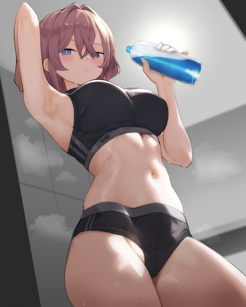 1girl absurdres arm_up armpits bad_anatomy bare_arms bare_shoulders black_buruma blue_eyes bottle breasts brown_hair buruma commentary cream_bread english_commentary groin hair_between_eyes hair_intakes hand_up highres holding holding_bottle honkai_(series) honkai_impact_3rd lantern_(honkai_impact) looking_at_viewer medium_breasts navel parted_lips solo steam sweat water_bottle