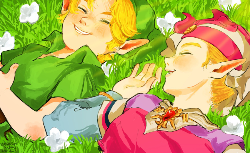 1boy 1girl blonde_hair child closed_eyes dated flower green_tunic grin highres link lying on_back on_grass pointy_ears princess_zelda signature smile the_legend_of_zelda the_legend_of_zelda:_ocarina_of_time white_flower white_headdress yasmeen young_link young_zelda