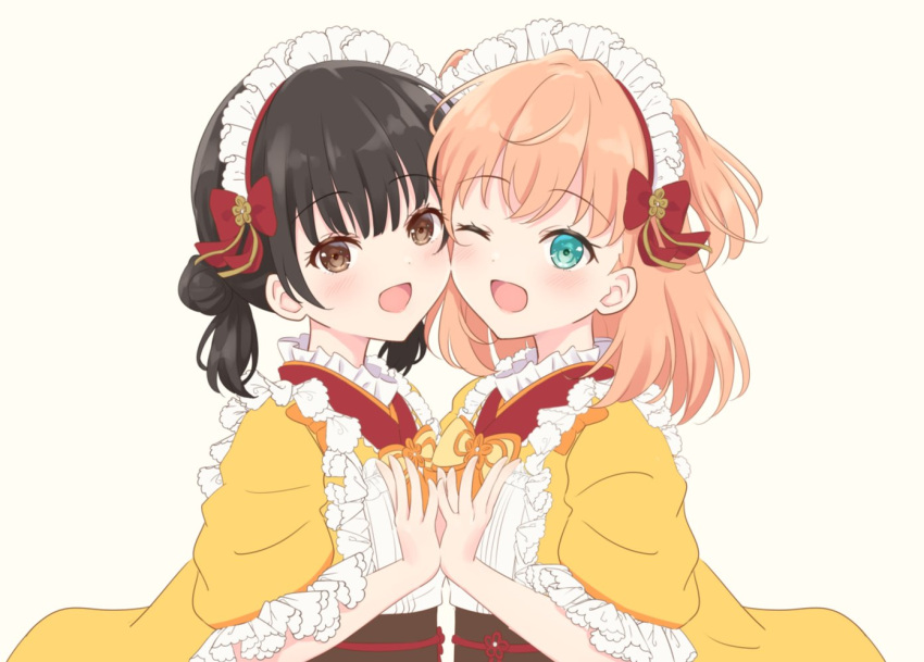 2girls :d ;d animification apron aqua_eyes black_hair blush brown_eyes brown_sash cheek-to-cheek crossed_bangs double_bun frilled_apron frilled_kimono frills grey_background hair_bun heads_together hinoshita_kaho japanese_clothes kimono link!_like!_love_live! looking_at_viewer love_live! low_twintails maid maid_apron maid_headdress medium_hair multiple_girls nirei_nozomi obi one_eye_closed open_mouth orange_hair real_life sash short_sleeves smile twintails two_side_up unfinished upper_body virtual_youtuber voice_actor voice_actor_connection wa_maid white_apron yellow_kimono yutuki_ame