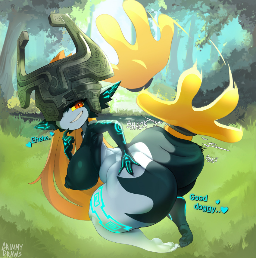 2024 armor big_breasts big_butt breasts butt detailed detailed_background dialogue english_text erect_nipples female finger_on_chin forest grimmy hair hand_on_butt headgear heart_symbol helmet hi_res huge_breasts huge_butt humanoid humanoid_pointy_ears imp looking_at_viewer midna nintendo nipples not_furry nude one_eye_obstructed plant red_eyes signature smack_(sound_effect) smacking_ass smile solo text the_legend_of_zelda thick_thighs tree twili twilight_princess wide_hips