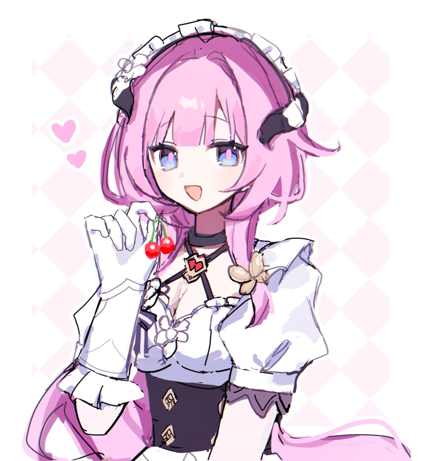 1girl :d argyle_background blue_eyes breasts cherry cleavage commentary_request done_(qz1c_) elbow_gloves elysia_(honkai_impact) food fruit gloves hand_up heart highres holding holding_food honkai_(series) honkai_impact_3rd horns long_hair maid_headdress medium_breasts pink_hair puffy_short_sleeves puffy_sleeves shirt short_sleeves smile solo upper_body very_long_hair white_gloves white_shirt