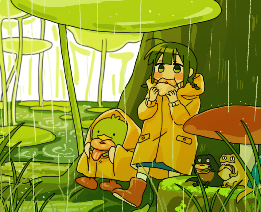 1girl bagel bird blush_stickers boots braid coat day eating food frog full_body green_eyes green_hair guu_(ozu_(oz_yarimasu)) holding holding_food hood hood_down hooded_coat long_hair low_twin_braids nature orange_footwear original outdoors ozu_(oz_yarimasu) pond rain raincoat ripples rubber_boots sandwich sidelocks solo tree twin_braids water yellow_coat