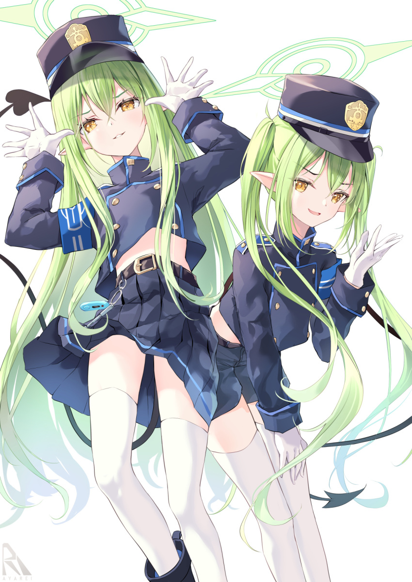 2girls :d arino_ayarei belt bent_over black_belt blue_archive blue_jacket blue_shorts blue_skirt blush boots buttons commentary_request cropped_jacket curly_hair demon_girl demon_tail double-breasted from_below gloves green_hair green_halo grin hair_between_eyes halo hand_on_own_thigh hand_up hands_up highres hikari_(blue_archive) jacket leaning_forward long_hair long_sleeves looking_at_viewer looking_down midriff multiple_girls nozomi_(blue_archive) short_shorts shorts siblings sisters skindentation skirt smile smug tail thighhighs thighs twins twintails very_long_hair white_gloves yellow_eyes