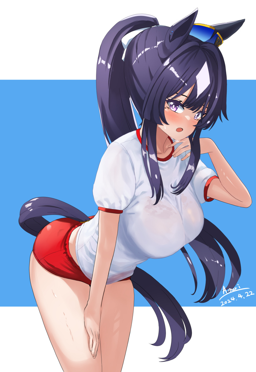 1girl a.nori absurdres alternate_costume animal_ears blue_hair breasts buruma commentary_request dark_blue_hair gym_uniform highres horse_ears horse_tail large_breasts long_hair looking_at_viewer mole mole_under_eye ponytail purple_eyes red_buruma signature simple_background solo sweat tail thighs umamusume verxina_(umamusume)