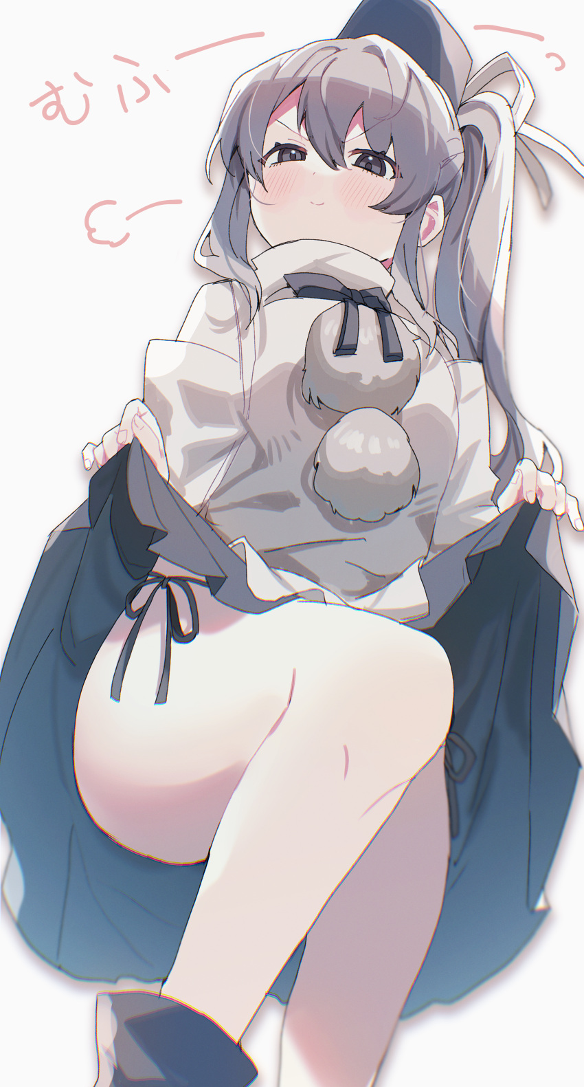 1girl absurdres ass black_footwear black_hat black_skirt blush boots closed_mouth clothes_lift commentary_request doyagao grey_eyes grey_hair hair_between_eyes haruwaka_064 hat highres japanese_clothes kariginu lifted_by_self long_hair long_sleeves mononobe_no_futo pom_pom_(clothes) ponytail simple_background skirt skirt_lift smug solo tate_eboshi touhou white_background wide_sleeves