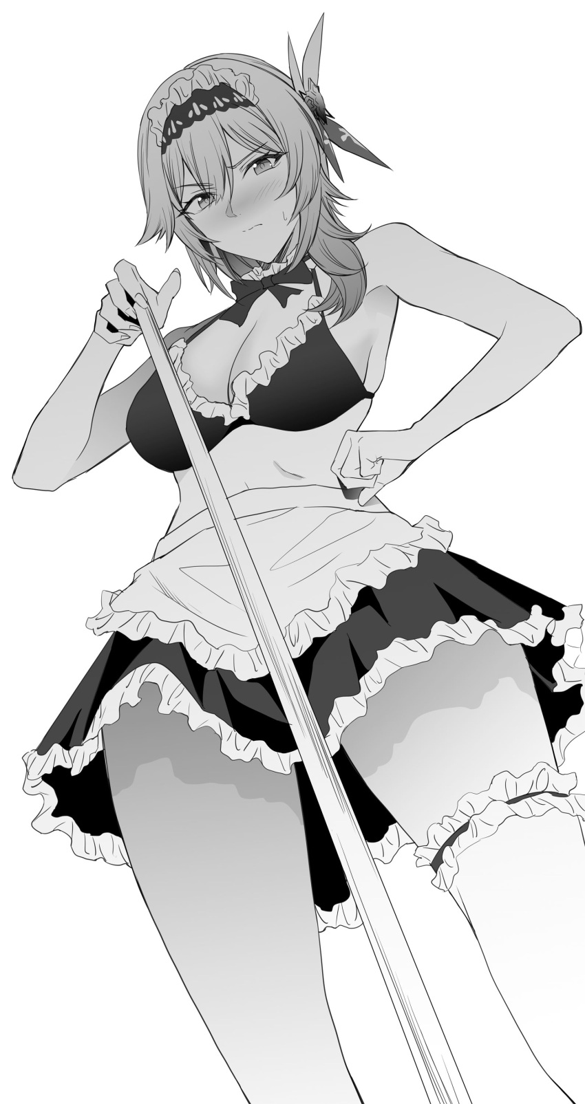 1girl absurdres alternate_costume apron asymmetrical_hair bikini black_hairband blush bow bowtie breasts bridal_garter broom cleavage enmaided eula_(genshin_impact) frilled_apron frills from_below genshin_impact greyscale hair_ornament hairband highres maid maid_apron maid_bikini maid_headdress medium_breasts medium_hair monochrome solo swimsuit takai_isshiki unconventional_maid