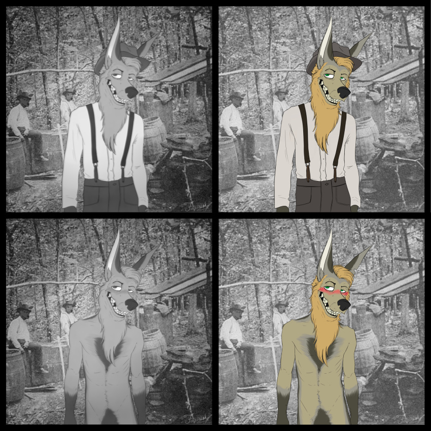 anthro appalachian beard biped canid canine canis clothed clothing facial_hair fox foxmusk fur hair hairy hat headgear headwear hi_res historic james_(foxmusk) long_beard male mammal markings missing_teeth moonshiner portrait redneck solo southern teeth vintage
