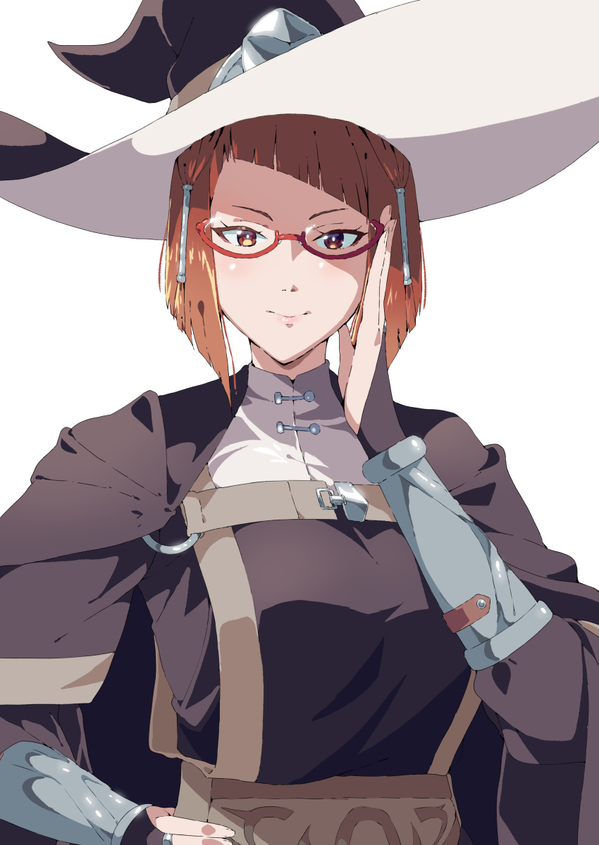 1girl absurdres adjusting_eyewear arm_guards black_bridal_gauntlets bridal_gauntlets cape closed_mouth diagonal_bangs fire_emblem fire_emblem_awakening glasses hair_tubes hat highres looking_at_viewer miriel_(fire_emblem) o-ring red-framed_eyewear red_hair solo tsujii_luki turtleneck witch_hat