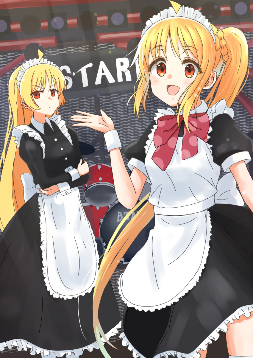 2girls :d ahoge alternate_costume apron black_dress blonde_hair bocchi_the_rock! bow bowtie crossed_arms detached_ahoge dress drum highres ijichi_nijika ijichi_seika instrument kur0u long_hair long_sleeves looking_at_viewer maid maid_apron maid_headdress multiple_girls open_mouth puffy_short_sleeves puffy_sleeves red_bow red_bowtie red_eyes short_sleeves siblings side_ponytail sisters smile very_long_hair wrist_cuffs