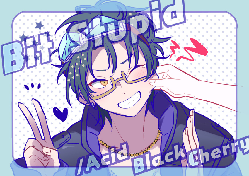 1boy biseibutu black_hair english_text glasses gnosia goggles green_hair highres jacket jewelry long_sleeves looking_at_viewer male_focus necklace one_eye_closed sha-ming shirt short_hair solo upper_body v zipper