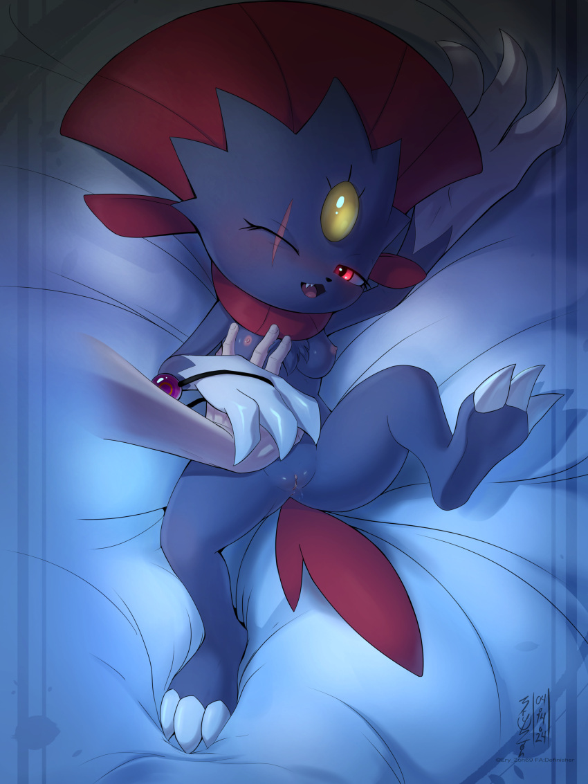 absurd_res anthro areola biped breasts eryz eyelashes female generation_4_pokemon genitals hi_res human human_on_anthro interspecies lying mammal nintendo nipples nude on_back open_mouth pokemon pokemon_(species) pupils pussy scar spread_legs spreading weavile