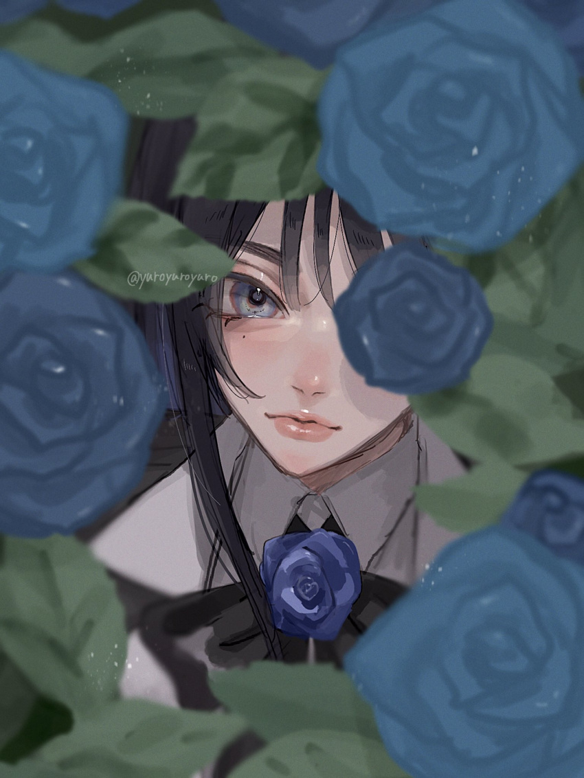 1girl ado_(utaite) aegyo_sal black_bow black_bowtie black_hair blue_eyes blue_flower blue_rose blurry bow bowtie chando_(ado) choppy_bangs cloud_nine_inc commentary depth_of_field flower flower_brooch hair_between_eyes highres long_hair looking_at_viewer making-of_available mole mole_under_eye rose shirt sidelocks solo symbol-only_commentary twitter_username upper_body utaite white_shirt yurosuke