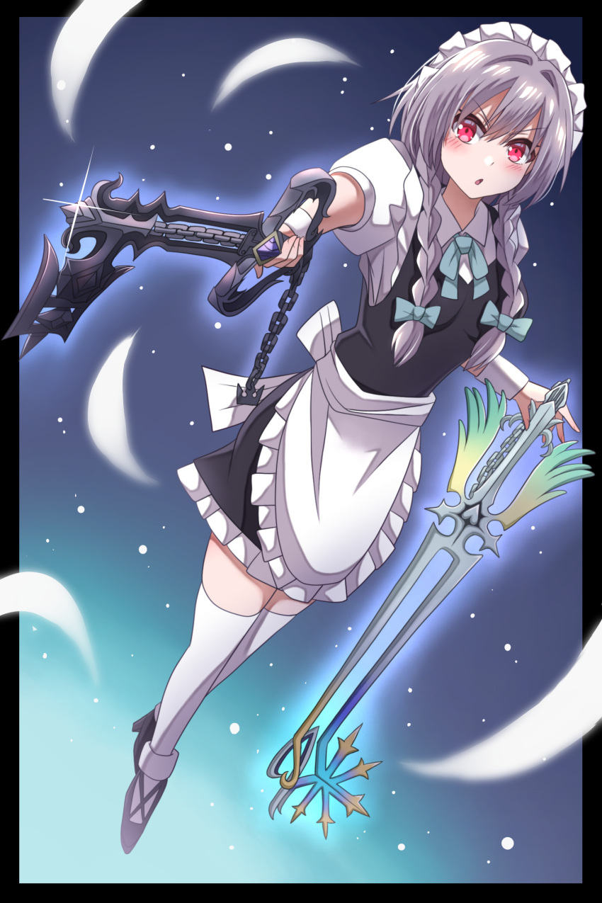 1girl apron blue_bow blush bow braid commentary_request dual_wielding glint grey_hair hair_bow happy_ginko highres holding holding_weapon izayoi_sakuya keyblade kingdom_hearts long_hair maid maid_headdress open_mouth red_eyes short_sleeves solo thighhighs touhou twin_braids waist_apron weapon white_apron white_thighhighs