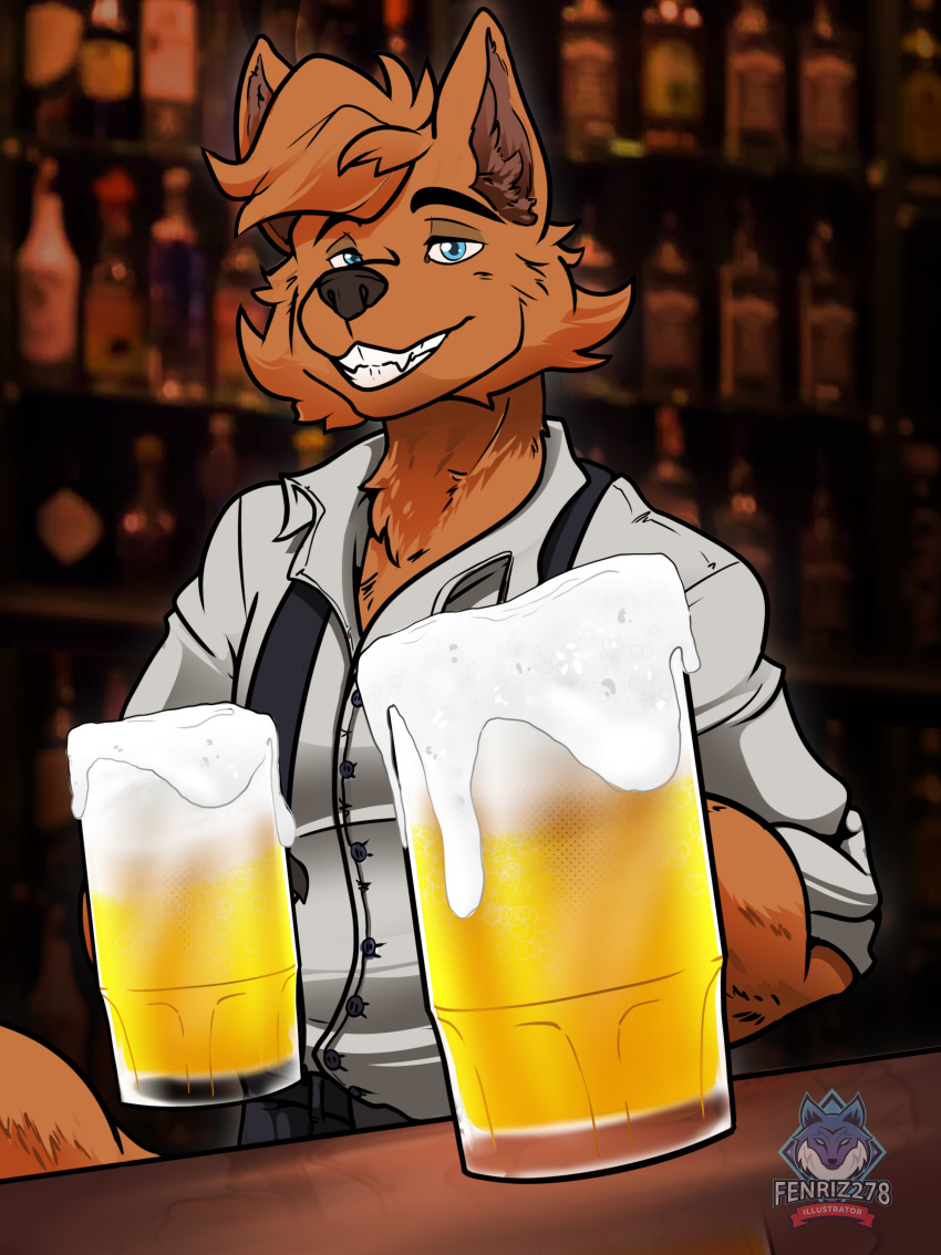 absurd_res alcohol bartender beer beverage canid canine fox hi_res mammal original_character