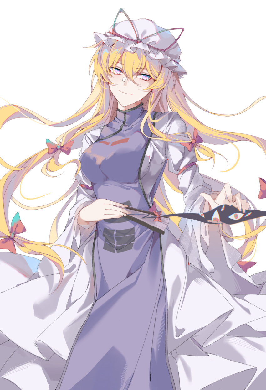 1girl absurdres blonde_hair bow breasts cowboy_shot dress gap_(touhou) hair_bow hat hat_ribbon highres jubctybn large_breasts long_hair long_sleeves looking_at_viewer mob_cap purple_dress purple_eyes purple_tabard ribbon smile solo tabard touhou trigram white_background yakumo_yukari