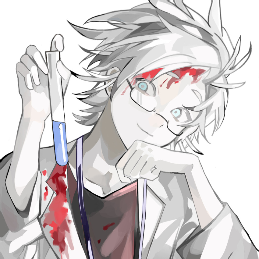 1boy 6713361398 black_footwear blood blood_on_face blood_on_hands blue_eyes commentary glasses holding holding_test_tube kanou_aogu lab_coat male_focus open_clothes pale_skin saibou_shinkyoku semi-rimless_eyewear short_hair simple_background test_tube white_background white_hair