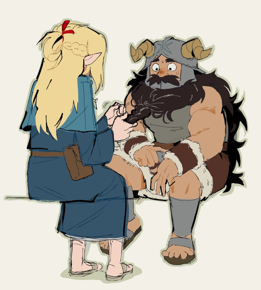 1boy 1girl affectionate audieaudieaudie beard biceps braid braided_beard dungeon_meshi dwarf elf facial_hair fake_horns full_body helmet highres horned_helmet horns long_beard marcille_donato muscular muscular_male pointy_ears sanpaku senshi_(dungeon_meshi) shirt sitting sleeveless sleeveless_shirt slippers sweatdrop thick_eyebrows thick_mustache three_quarter_view unfinished very_long_beard