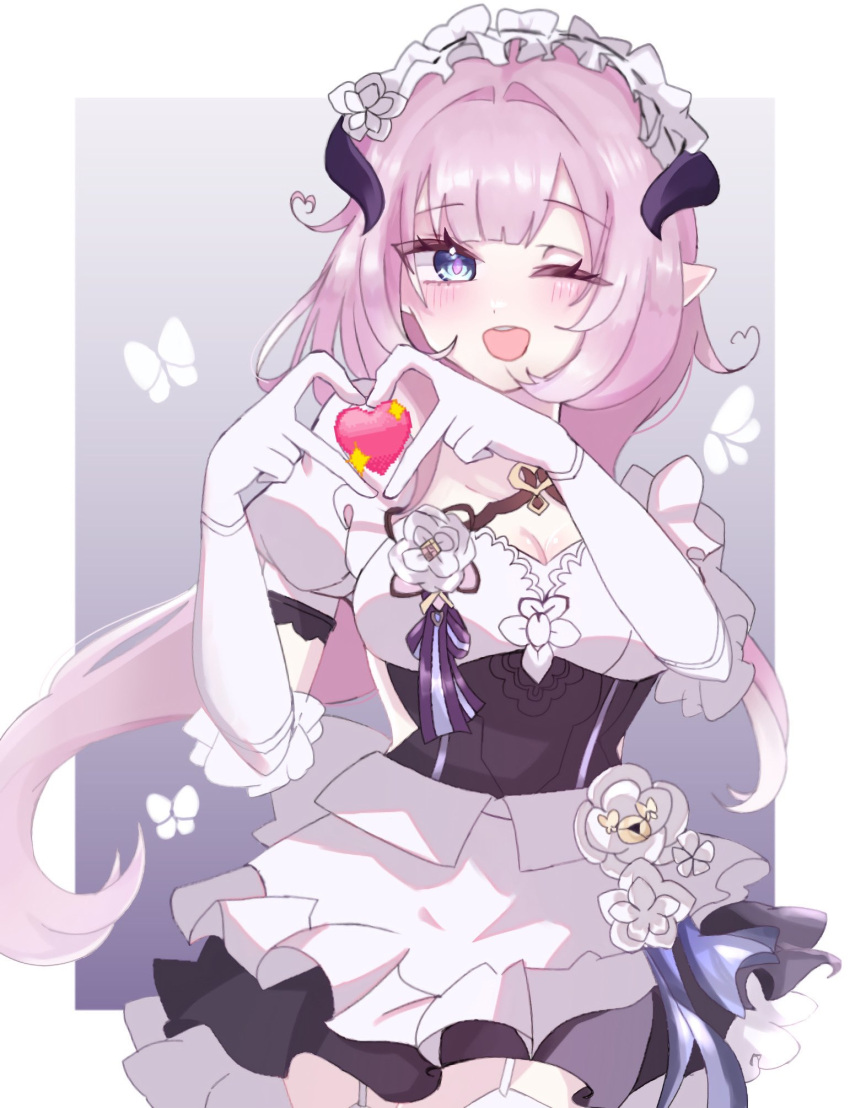 1girl ;d black_dress blue_eyes blush breasts cleavage commentary_request dress elbow_gloves elysia_(honkai_impact) elysia_(miss_pink_elf)_(honkai_impact) flower frilled_dress frills fuka_(_ilouxs2) gloves grey_background hands_up heart heart_hands highres honkai_(series) honkai_impact_3rd horns long_hair looking_at_viewer medium_breasts one_eye_closed pink_hair pointy_ears puffy_short_sleeves puffy_sleeves short_sleeves smile solo sparkle teeth two-tone_background upper_teeth_only very_long_hair white_background white_flower white_gloves