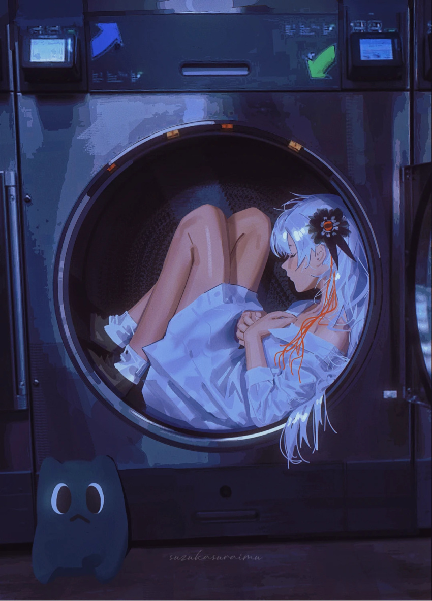 1girl bare_legs dress flower from_side full_body hair_flower hair_ornament highres in_washing_machine isekai_joucho kamitsubaki_studio long_hair long_sleeves revision shoes sleeping socks solo suzukasuraimu virtual_youtuber white_dress white_hair white_socks