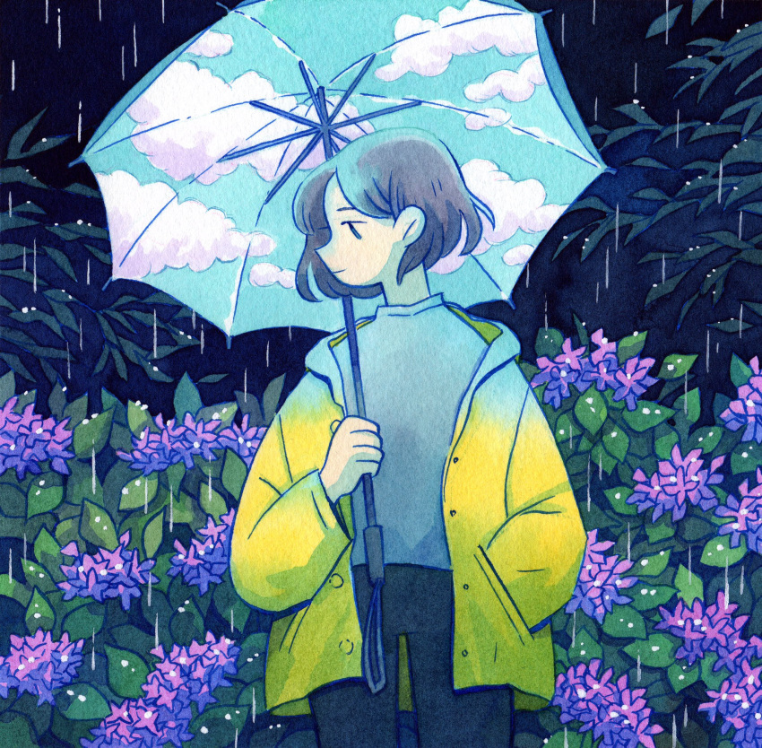 1girl black_pants blue_eyes blue_light blue_umbrella cloud_print flower grey_hair grey_shirt hand_in_pocket heikala highres holding holding_umbrella jacket looking_to_the_side night open_clothes open_jacket original outdoors painting_(medium) pants purple_flower rain raincoat shirt short_hair sky_print traditional_media tree umbrella watercolor_(medium) yellow_jacket yellow_raincoat