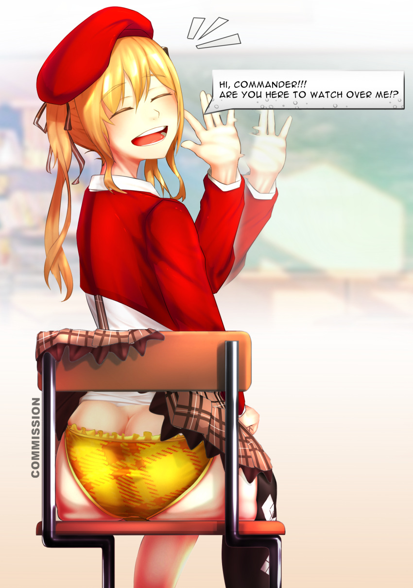 1girl absurdres ass beret blush butt_crack chair checkered_clothes checkered_skirt closed_eyes commission english_commentary english_text eyebrows_hidden_by_hair facing_viewer girls'_frontline hat highres long_hair open_mouth pakdeus panties single_thighhigh sitting skirt solo speech_bubble sten_mkii_(girls'_frontline) teeth thighhighs tongue twintails underwear waving yellow_panties