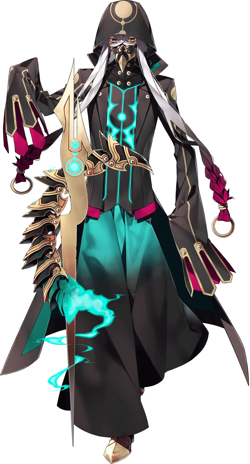 1boy 88_taho absurdres armored_boots asclepius_(fate) black_jacket blue_fire boots crossed_bangs doctor fate/grand_order fate_(series) fire full_body game_cg gas_mask glowing gradient_hair green_eyes grey_hair hair_between_eyes highres hood hood_up jacket long_hair long_sleeves looking_at_viewer male_focus mask masked mouth_mask multicolored_hair non-web_source official_art plague_doctor_mask red_hair respirator sleeves_past_fingers sleeves_past_wrists solo tachi-e transparent_background very_long_hair white_hair