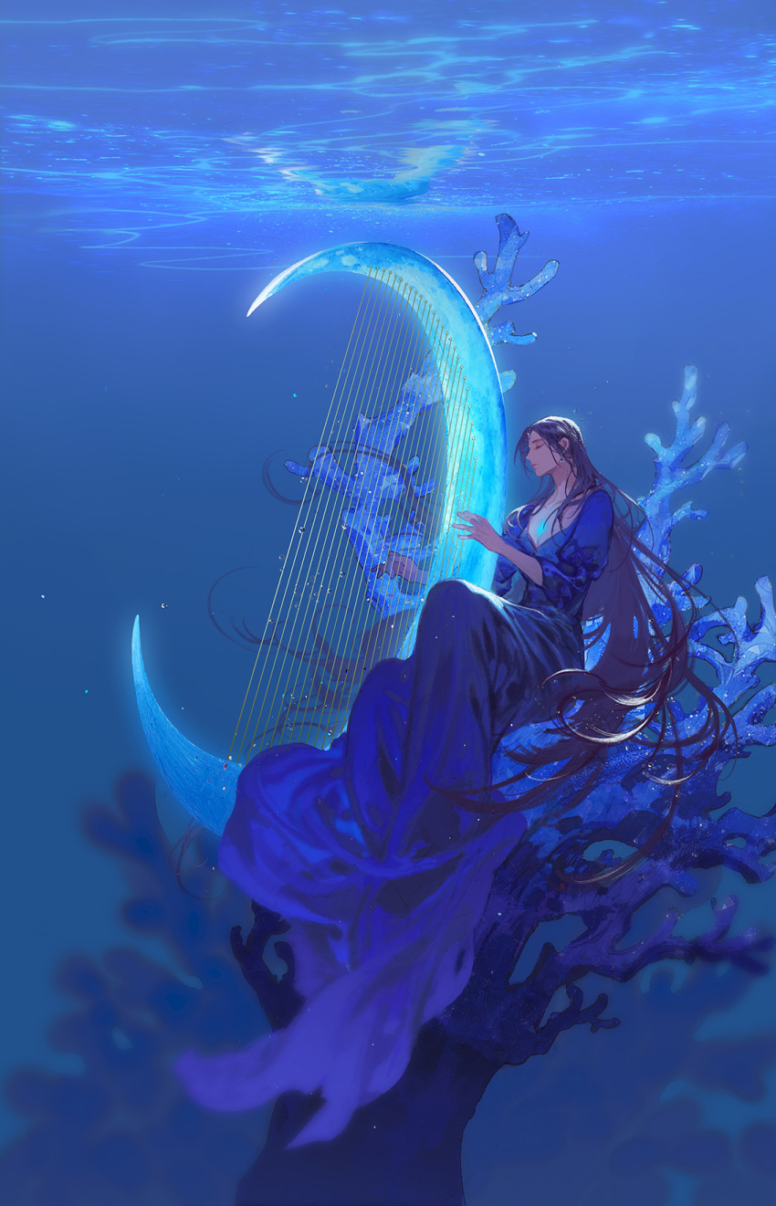 1girl blue_dress breasts brown_hair chinese_commentary cleavage closed_eyes closed_mouth commentary_request coral_reef dress earrings harp highres ibuki_satsuki instrument jewelry long_hair long_sleeves music original outdoors playing_instrument sitting solo underwater water