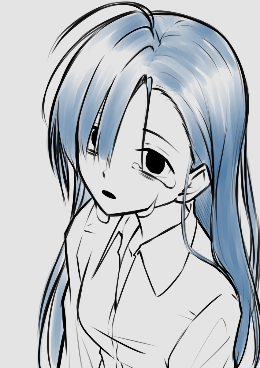 1girl ado_(utaite) ahoge blue_hair breasts collared_shirt commentary_request crying crying_with_eyes_open dress_shirt empty_eyes grey_background hair_between_eyes highres long_hair merry_(ado) nori_(norinori_yrl) open_mouth readymade_(ado) shirt simple_background small_breasts solo tears upper_body white_shirt