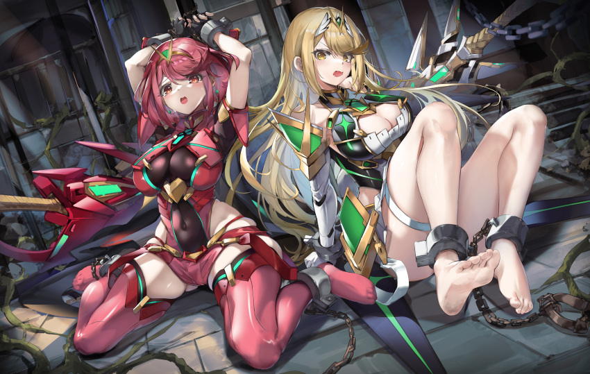 absurdres arms_up barefoot bdsm black_gloves blonde_hair bondage bound breasts circlet claymore_(sword) cleavage cleavage_cutout clothing_cutout core_crystal_(xenoblade) cuffs dress elbow_gloves fingerless_gloves full_body gloves glowing highres impossible_clothes kidnapping large_breasts long_hair looking_at_viewer medium_hair mythra_(xenoblade) open_mouth pyra_(xenoblade) red_eyes red_hair red_thighhighs restrained shackles shibari sitting soles thighhighs thighs tied_up_(nonsexual) tile_floor tiles toes very_long_hair wariza white_dress white_gloves xenoblade_chronicles_(series) xenoblade_chronicles_2 xun_li_eins yellow_eyes