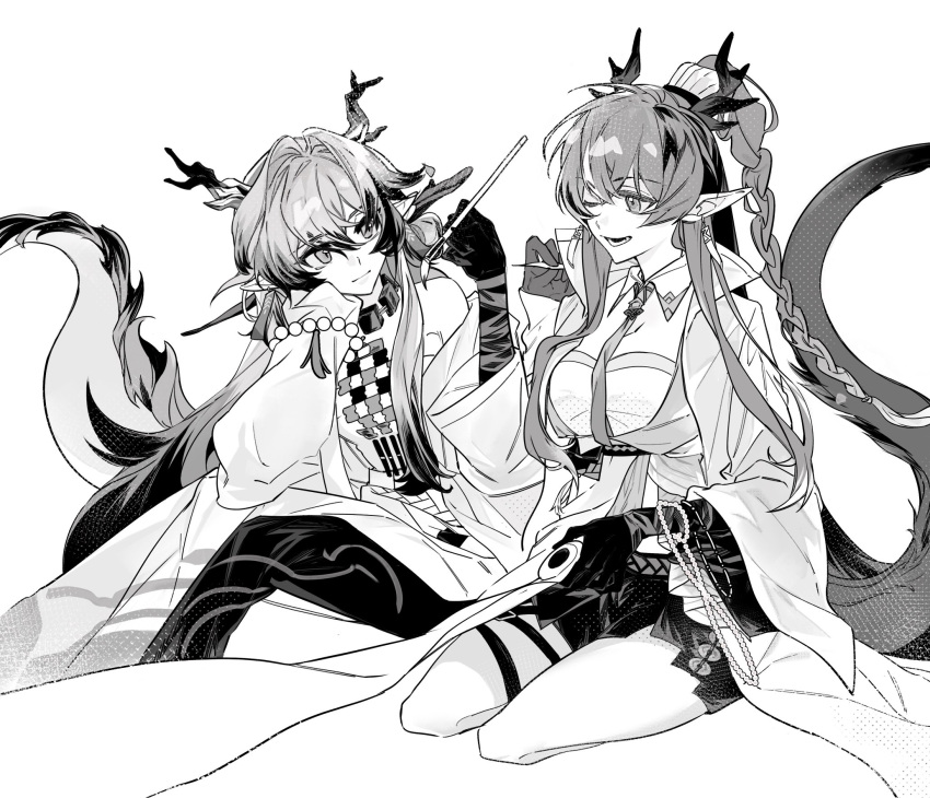 2girls arknights bead_bracelet beads bracelet braid braided_ponytail breasts choker dragon_girl dragon_horns dragon_tail earrings greyscale hair_ornament hair_stick head_rest highres horns jacket jewelry kuangbao_chi_zai_tu_kuai ling_(arknights) long_hair looking_at_another monochrome multiple_girls necktie one_eye_closed open_clothes open_jacket pointy_ears shu_(arknights) siblings sisters sitting small_breasts stick tail tassel tassel_earrings