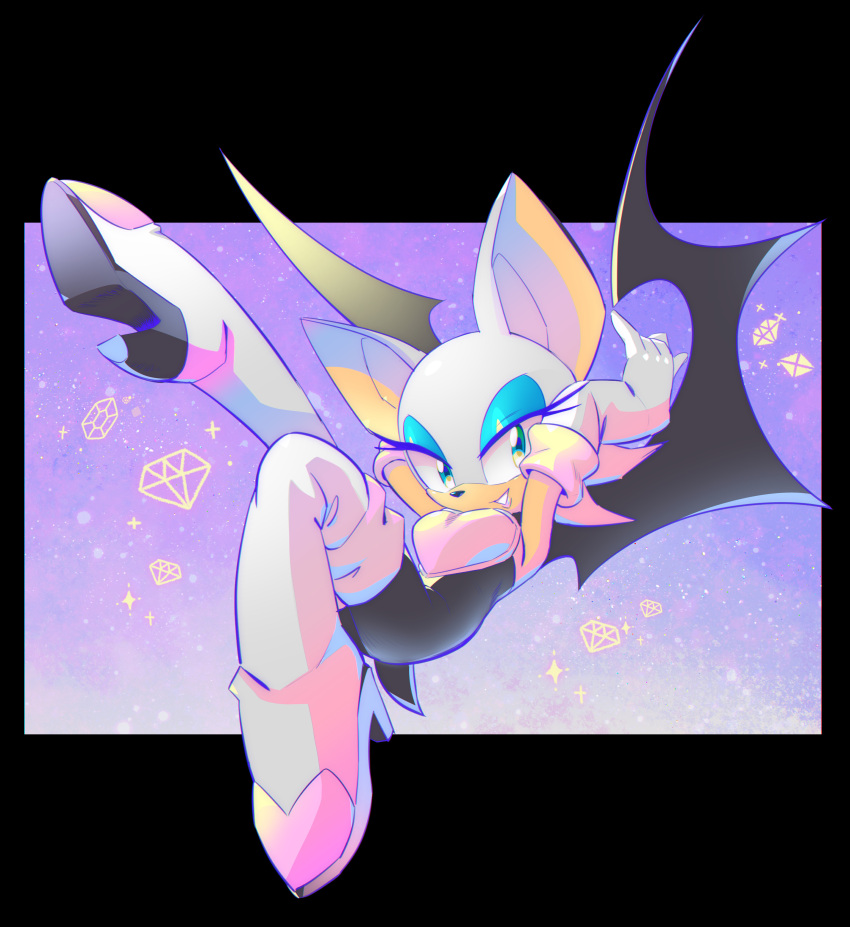 1girl absurdres animal_ears bat_ears bat_wings blue_eyeshadow boots drawloverlala eyeshadow furry furry_female gloves green_eyes heart high_heel_boots high_heels highres looking_at_viewer makeup rouge_the_bat sonic_(series) sparkle tail white_gloves wings