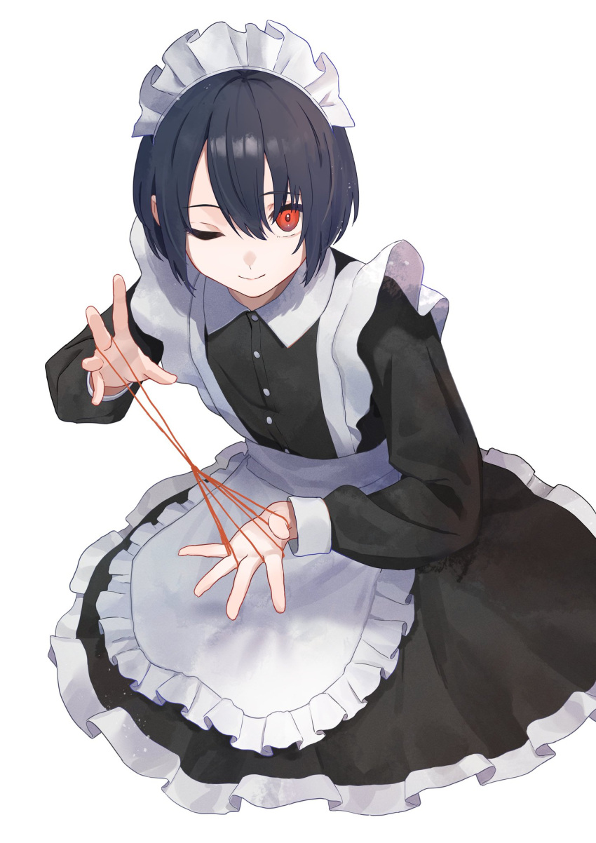 1boy ;) apron black_dress black_hair cat's_cradle closed_mouth dress frilled_apron frills from_above full_body hair_between_eyes highres hikarinohitori maid maid_apron maid_headdress male_focus one_eye_closed original otoko_no_ko red_eyes short_hair simple_background sitting smile solo waist_apron white_apron white_background