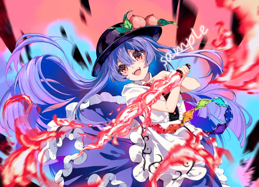 1girl absurdres black_hat blue_hair food fruit fruit_hat_ornament hat highres hinanawi_tenshi holding holding_sword holding_weapon keystone leaf leaf_hat_ornament long_hair open_mouth peach peach_hat_ornament rainbow_gradient rainbow_order red_eyes ringo_no_usagi_(artist) short_sleeves solo sword sword_of_hisou touhou weapon