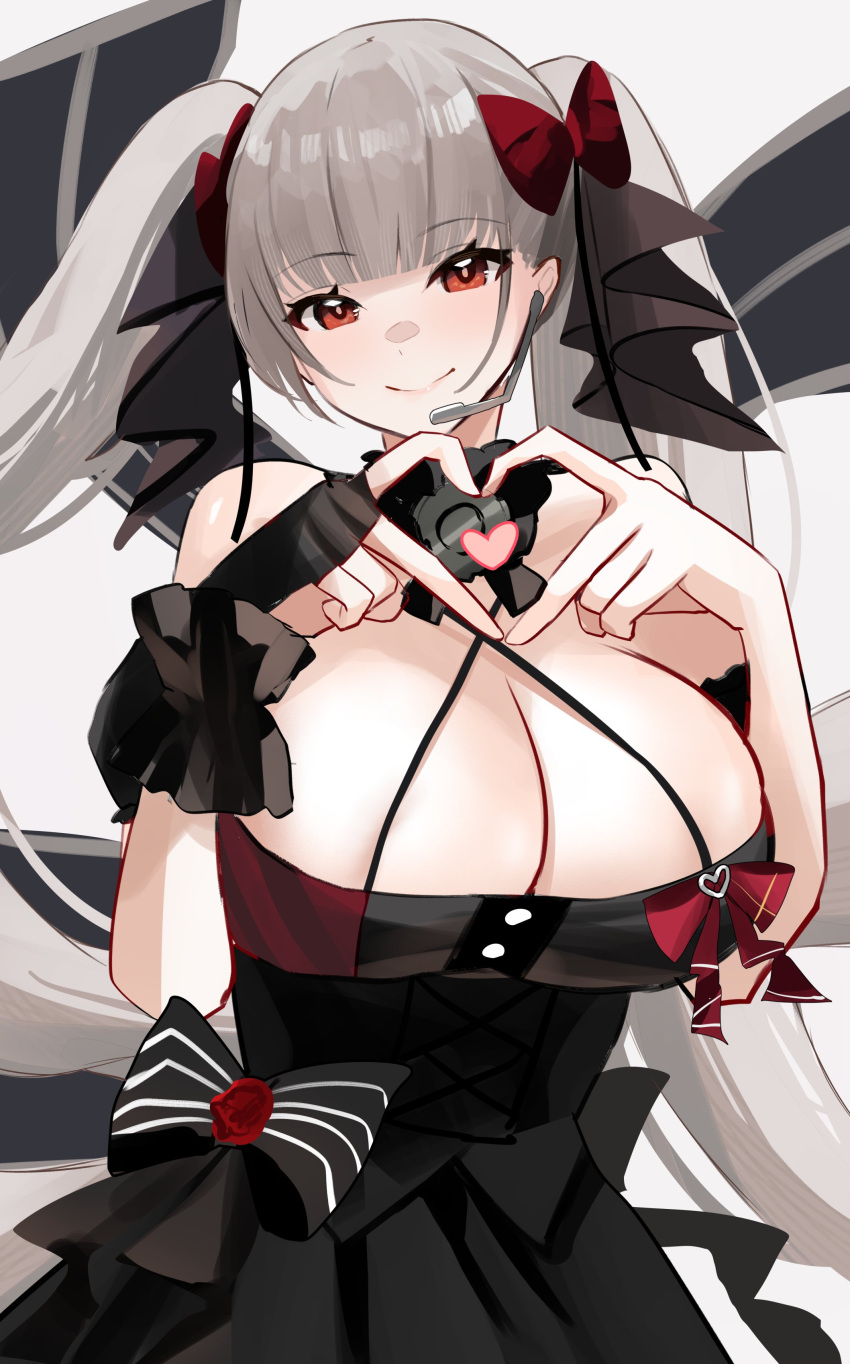 1girl absurdres azur_lane bare_shoulders black_bow black_dress black_gloves bow breasts cleavage closed_mouth commentary_request dress dress_bow earpiece fingerless_gloves formidable_(azur_lane) formidable_(muse)_(azur_lane) gloves grey_hair hair_ornament heart heart_hands highres huge_breasts long_hair looking_at_viewer official_alternate_costume red_eyes simple_background single_glove smile solo twintails upper_body very_long_hair white_background yamaha_tsui