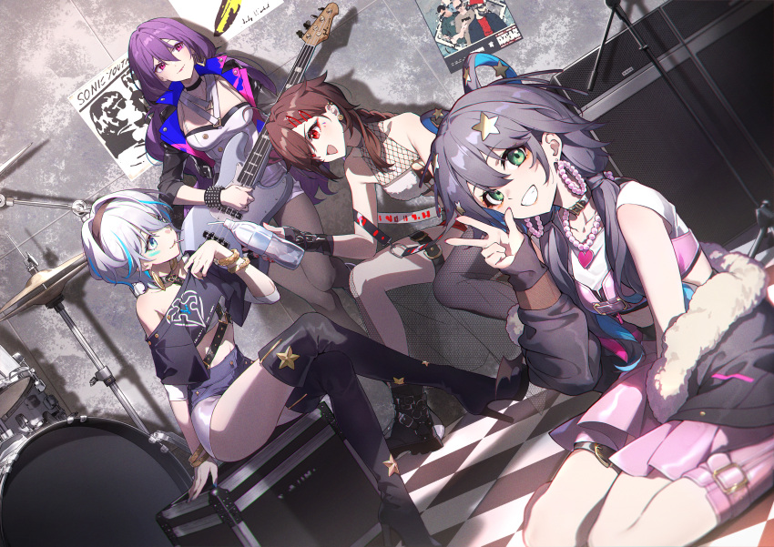 4girls :d absurdres aqua_eyes band bare_shoulders black_thighhighs box breasts brown_hair casual dress drink drinking_straw drum drum_set dutch_angle green_eyes grid_print hand_up head_tilt highres holding holding_instrument indoors instrument large_breasts looking_at_another looking_at_viewer medium_breasts midriff miniskirt multiple_girls original pink_dress purple_eyes purple_hair red_eyes silk sitting sitting_on_box skirt sleeveless smile standing standing_on_one_leg sylvia_(huajiuhuajiu) thigh_strap thighhighs wariza white_hair