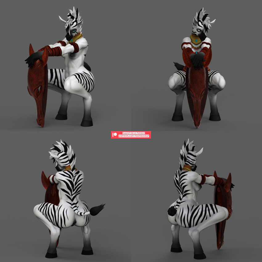 absurd_res accessory anthro bambookat clothed clothing equid equine female front_view hi_res hooves mammal rear_view side_view solo tail zebra