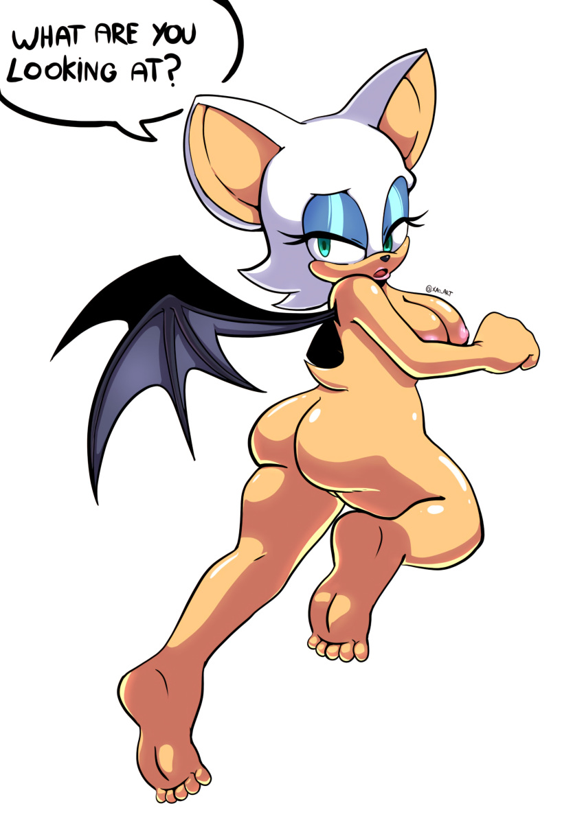 absurd_res anthro bat big_butt big_ears breasts butt eyeshadow feet female fur green_eyes hi_res makeup mammal nude nude_female rouge_the_bat sega solo sonic_the_hedgehog_(series) speech_bubble tail white_body white_fur wings xao_art