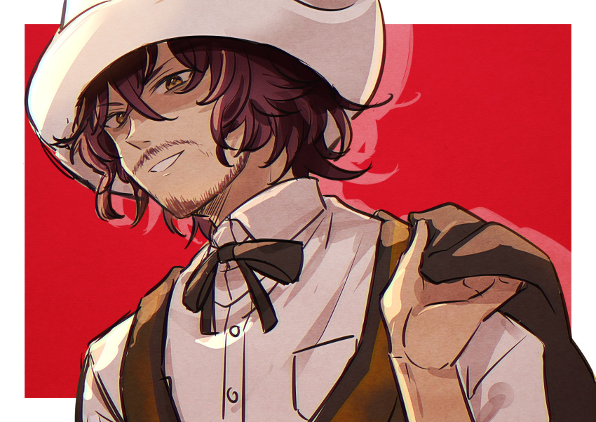 1boy biseibutu bow brown_bow brown_eyes brown_hair cowboy_hat facial_hair gnosia grin hat highres jonas_(gnosia) looking_at_viewer messy_hair mustache shirt short_hair smile solo upper_body white_shirt