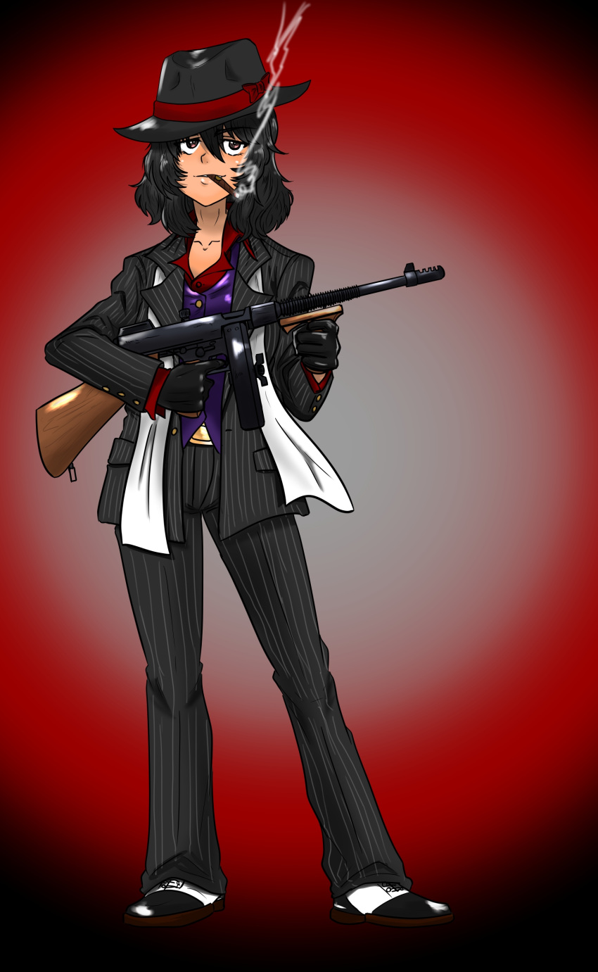 1girl absurdres alternate_costume andou_(girls_und_panzer) black_eyes black_footwear black_gloves black_hair black_hat black_jacket black_pants blazer cigar closed_mouth commentary dark-skinned_female dark_skin dress_shirt fedora girls_und_panzer gloves gun hat highres holding holding_gun holding_weapon jacket long_sleeves looking_at_viewer mafia medium_hair messy_hair moesenyukikaze open_clothes open_jacket pants pinstripe_pattern pinstripe_suit purple_vest red_shirt reverse_trap scarf shirt shoes smirk smoke smoking solo standing submachine_gun suit thompson_submachine_gun vest weapon