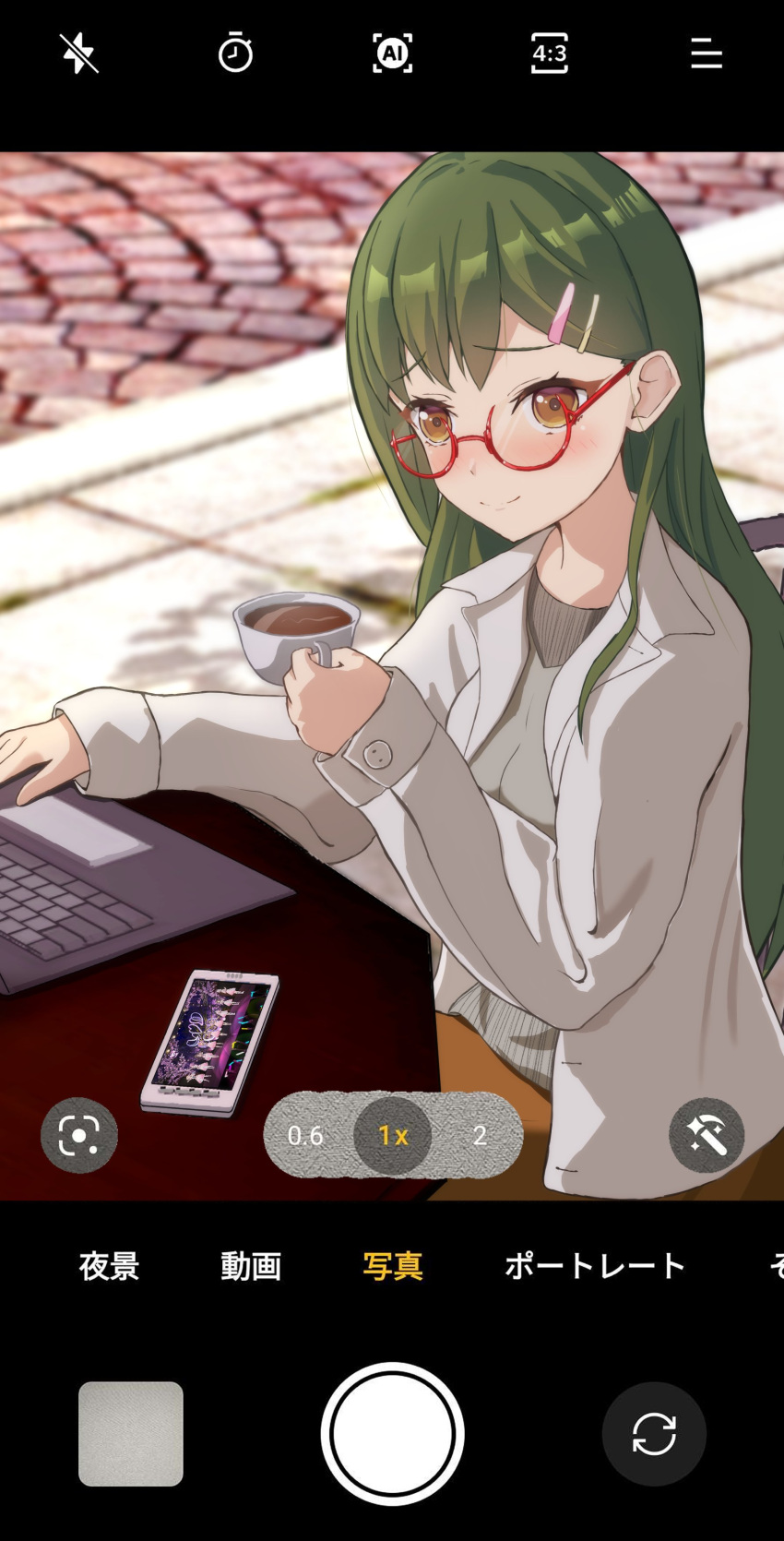 1girl absurdres b520196 blurry blurry_background blush brick_floor brown_eyes brown_skirt cellphone closed_mouth commentary_request computer cup fake_screenshot game_screenshot_inset glasses green_hair grey_shirt hair_ornament hairclip highres holding holding_cup jacket laptop link!_like!_love_live! long_hair long_sleeves looking_at_viewer love_live! nose_blush oogami_sachi phone red-framed_eyewear semi-rimless_eyewear shirt skirt sleeves_past_wrists smartphone smile solo straight_hair swept_bangs teacup under-rim_eyewear user_interface white_jacket