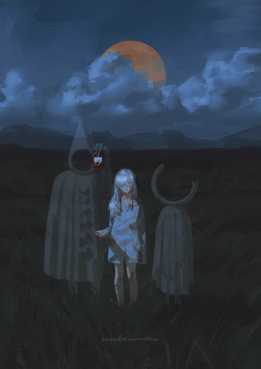 1girl 1other absurdres arm_at_side bandaid bandaid_on_cheek bandaid_on_face blood blood_bag blood_on_clothes blood_on_face cloak closed_mouth cloud cloudy_sky collarbone face_in_shadow field frown full_body full_moon ghost grass grey_eyes grey_hair hair_over_one_eye hand_up highres hood hood_up hooded_cloak intravenous_drip isekai_joucho kamitsubaki_studio long_sleeves looking_at_viewer moon mountainous_horizon night night_sky no_pants one_eye_covered orange_moon outdoors signature sky straight-on suzukasuraimu