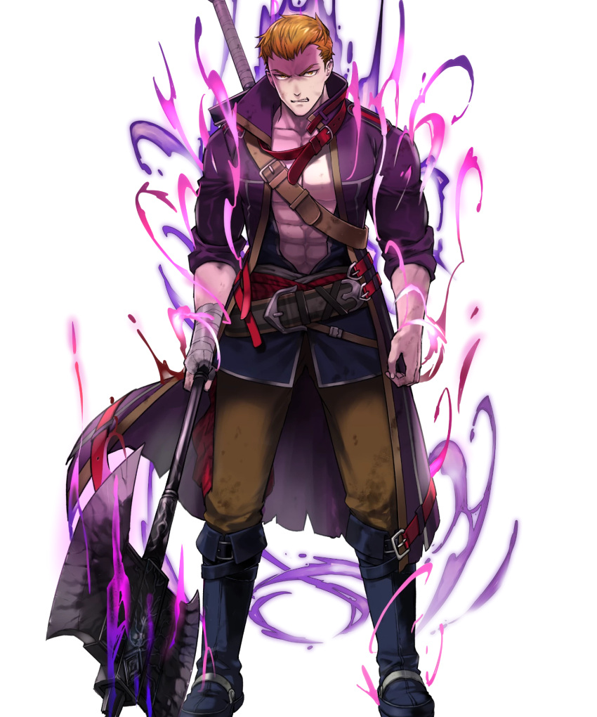 1boy abs aura axe bandaged_arm bandages battle_axe belt blonde_hair dark_aura fire_emblem fire_emblem:_the_blazing_blade fire_emblem_heroes glaring highres holding holding_axe linus_(fire_emblem) looking_at_viewer muscular muscular_male non-web_source official_alternate_eye_color official_art open_clothes open_shirt pale_skin scowl solo sword sword_on_back tachi-e teeth undead weapon weapon_on_back yellow_eyes