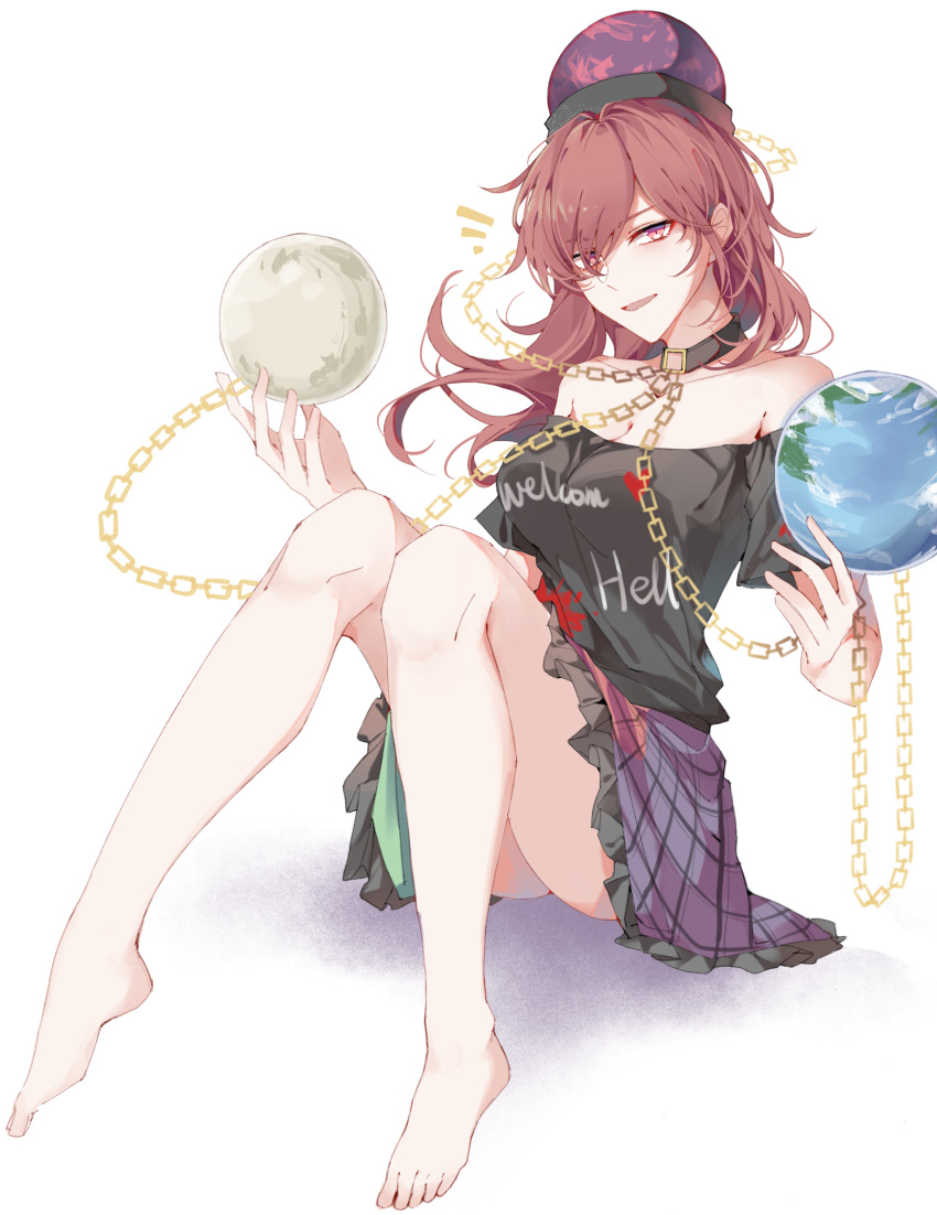 1girl absurdres bare_shoulders barefoot black_shirt breasts chain cleavage clothes_writing earth_(ornament) gold_chain hair_over_one_eye hecatia_lapislazuli highres jubctybn long_hair looking_at_viewer medium_breasts moon_(ornament) multicolored_clothes multicolored_skirt off-shoulder_shirt off_shoulder red_eyes red_hair shirt short_sleeves simple_background skirt smile solo t-shirt touhou underworld_(ornament) white_background