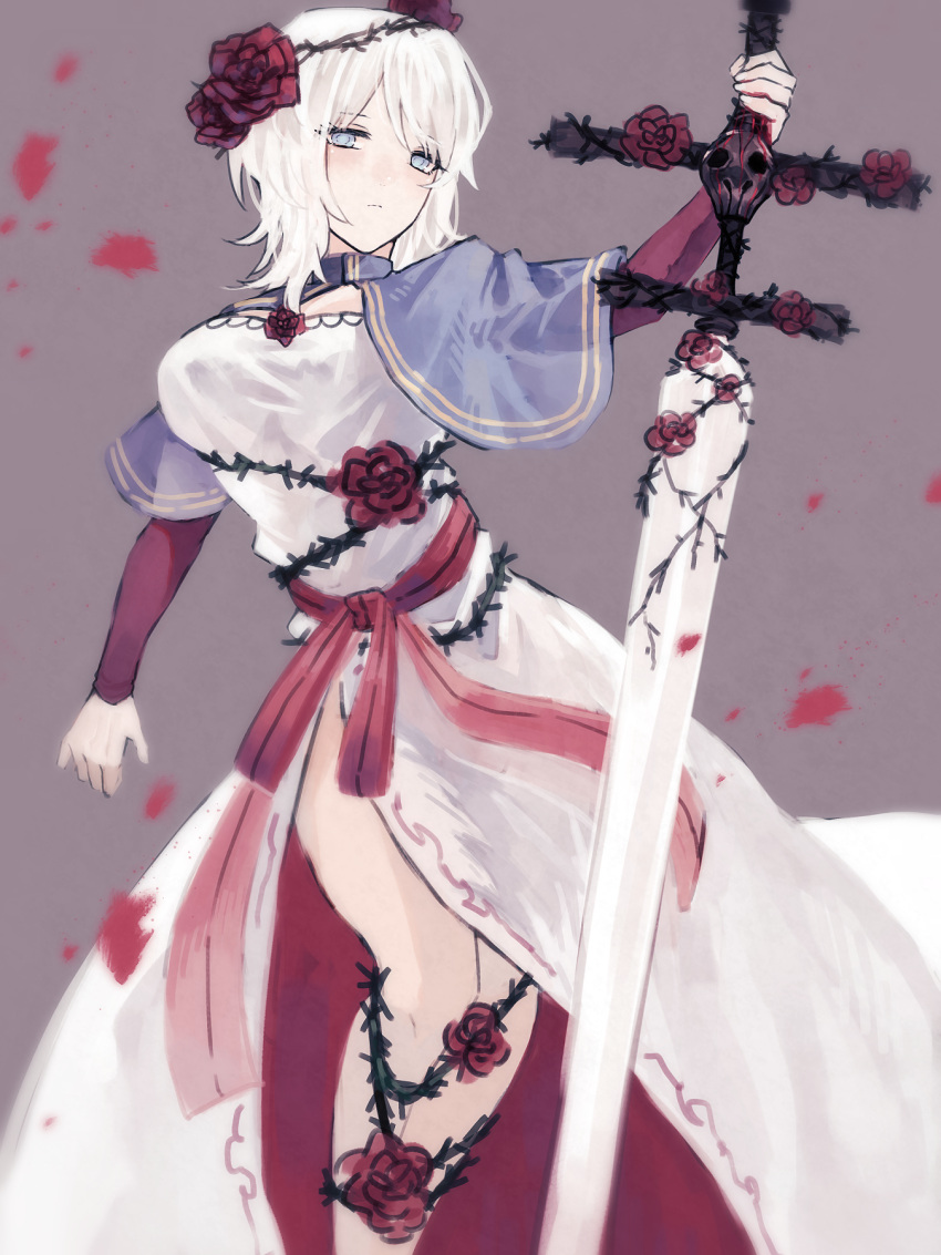 1girl alternate_costume blue_eyes crown_of_thorns dress faust_(project_moon) flower grey_background highres limbus_company long_sleeves long_sword medium_hair project_moon red_flower red_rose rose short_cape skull solo starhoshi sword thorns weapon white_dress white_hair zweihander