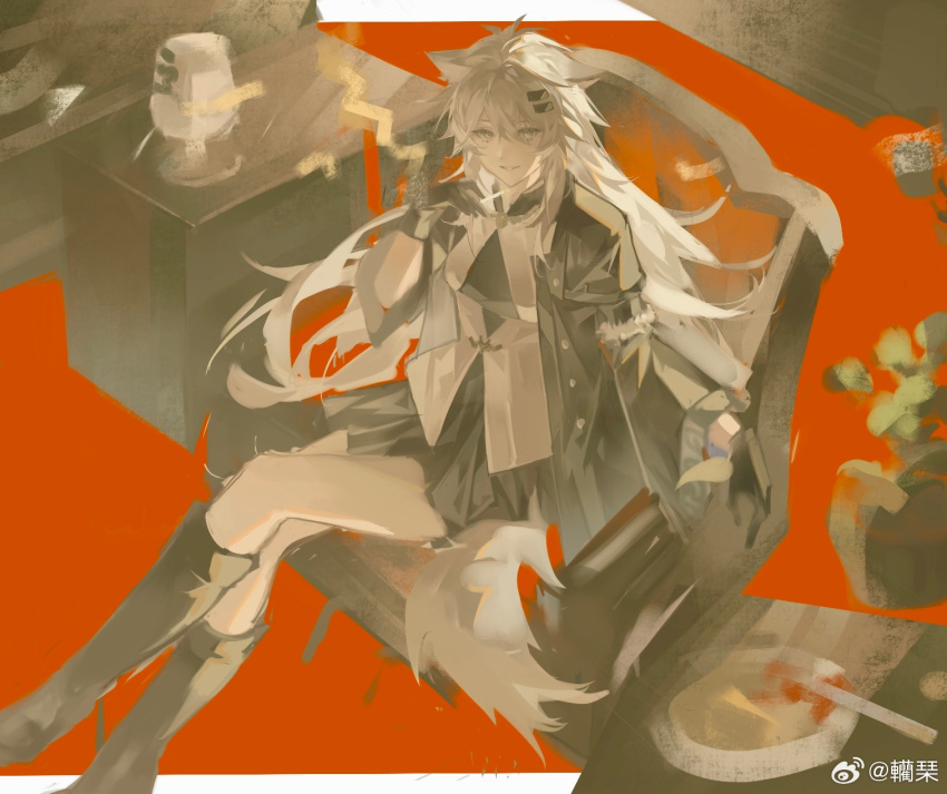1girl animal_ears arknights black_footwear black_gloves black_jacket black_skirt boots buttons chinese_commentary commentary_request crossed_legs feet_out_of_frame from_above gloves grey_eyes grey_hair grey_tail hair_between_eyes hair_ornament hairclip highres jacket knee_boots lappland_(arknights) lin_qing_(phosphorus_1104) long_hair long_sleeves looking_at_viewer looking_up open_clothes open_jacket scar scar_across_eye sitting skirt smile solo tail unbuttoned unfinished watermark weibo_logo weibo_watermark wolf_ears wolf_girl wolf_tail