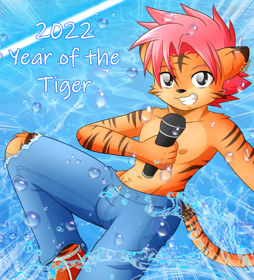 animal_strife anthro black_eyes ear_piercing ear_ring felid fire_conejo fur hair hi_res male mammal microphone orange_body orange_fur pantherine piercing pink_hair shirtless solo tiger