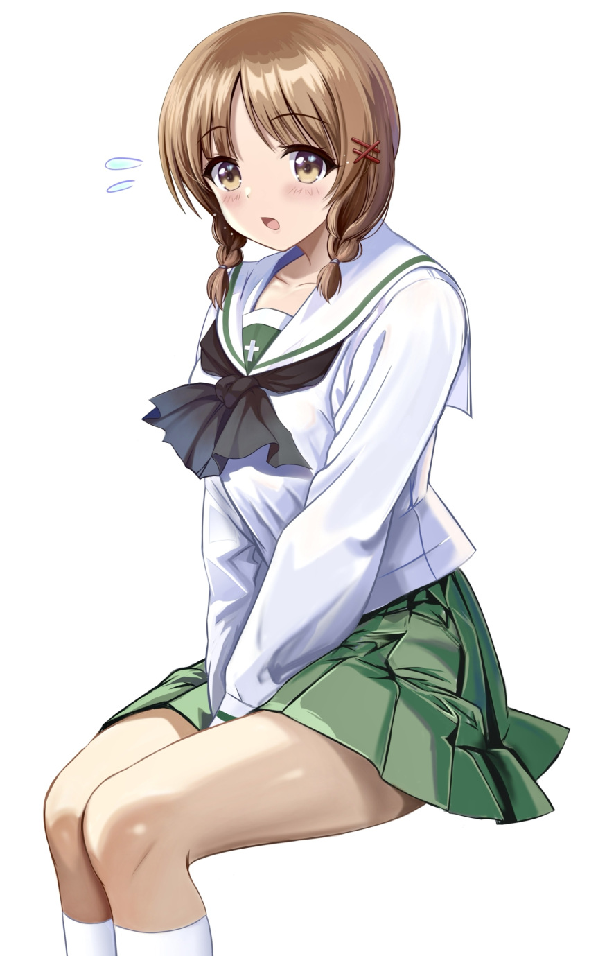 1girl absurdres alternate_hairstyle between_legs black_neckerchief blouse braid brown_eyes brown_hair flying_sweatdrops frown girls_und_panzer green_skirt hair_ornament hair_tie hairclip hand_between_legs highres invisible_chair long_sleeves looking_at_viewer low_twin_braids miniskirt neckerchief nishizumi_miho ooarai_school_uniform open_mouth pleated_skirt sailor_collar school_uniform serafuku shirt short_hair simple_background sitting skirt socks solo twin_braids v_arms white_background white_sailor_collar white_shirt white_socks zaofeng