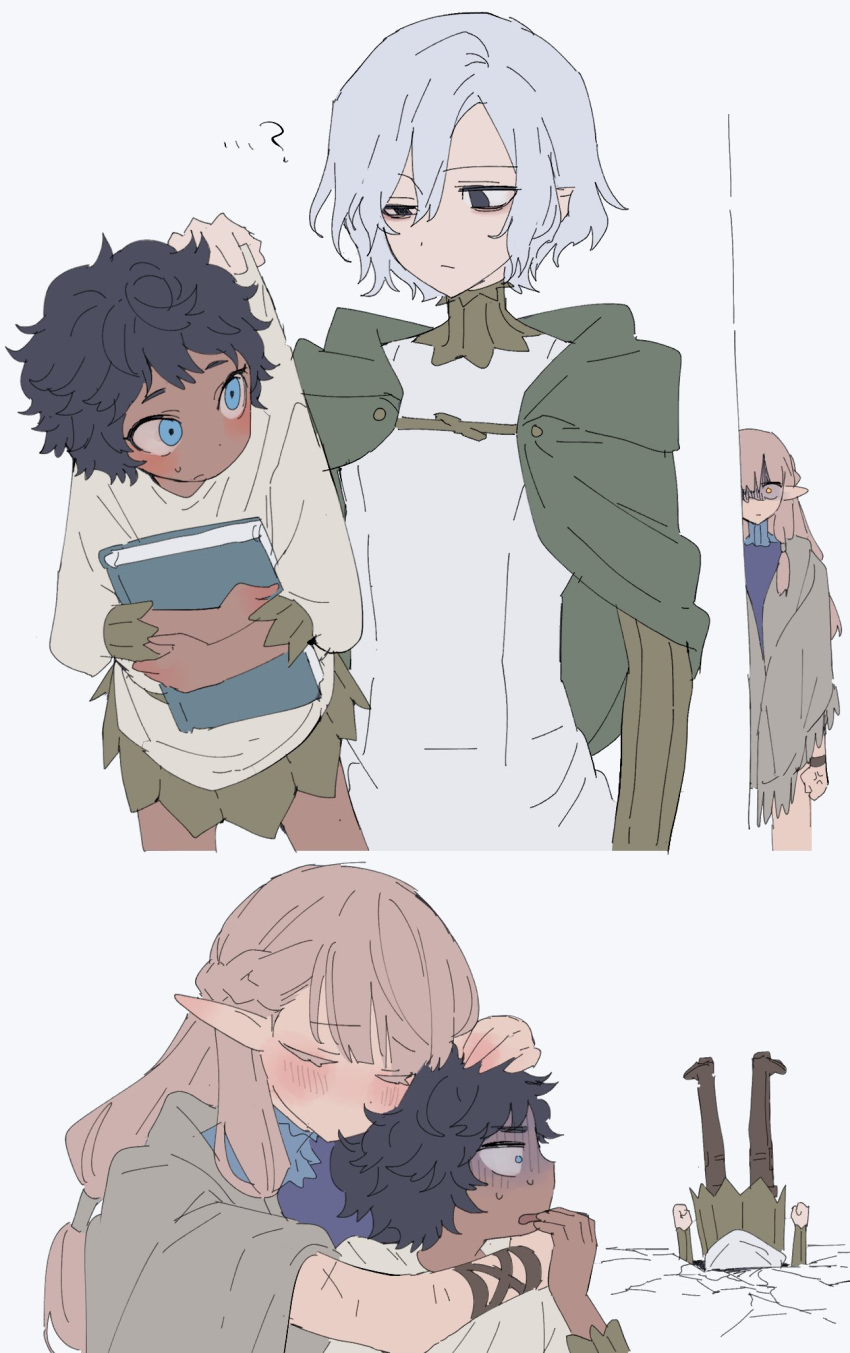 2boys aged_down black_hair blue_eyes braid cape dark-skinned_male dark_skin dungeon_meshi elf green_cape grey_cloak half-closed_eye highres kabru long_hair long_sleeves low-tied_sidelocks male_focus maratang milsiril_(dungeon_meshi) mithrun mother_and_son multiple_boys pink_hair pointy_ears shirt short_hair white_hair white_shirt