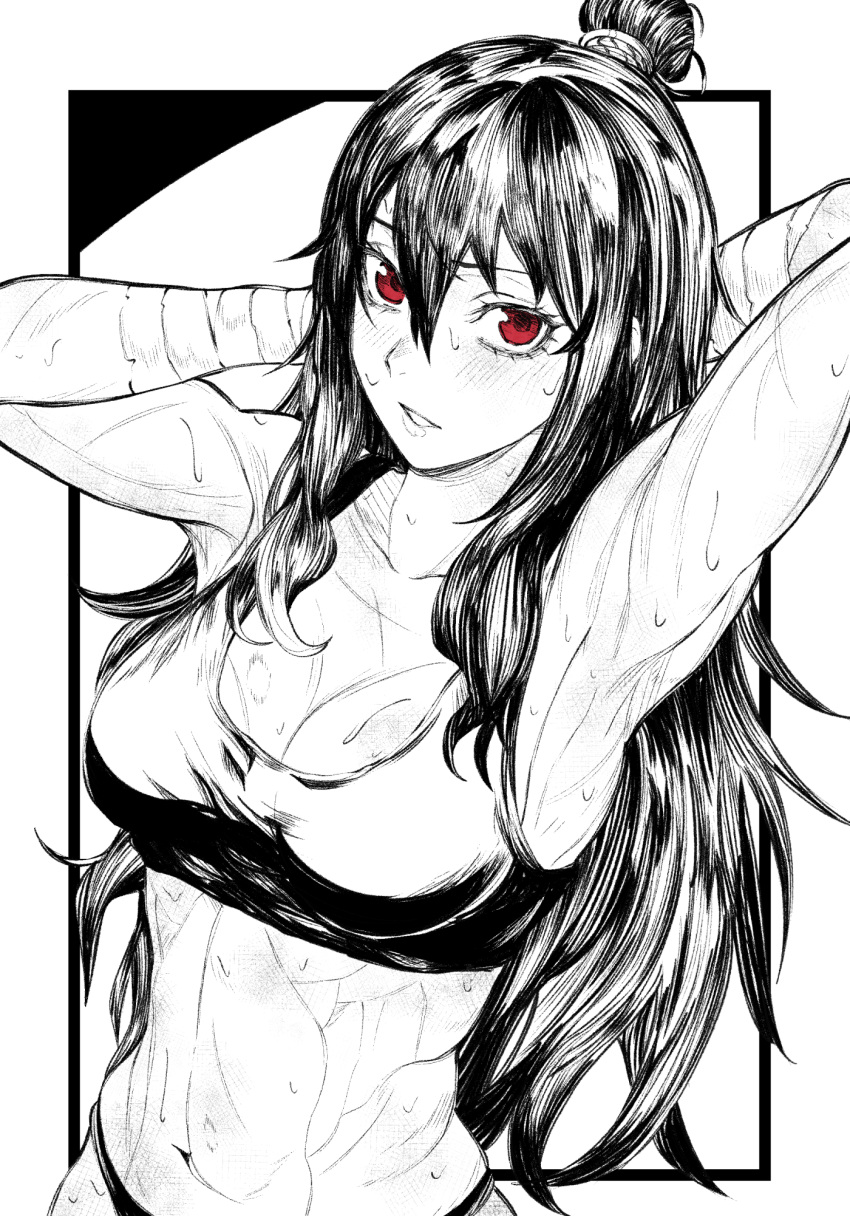 1girl abs arm_wrap armpits arms_behind_head arms_up bare_shoulders black_border black_bra black_hair black_panties blush border bra breasts character_request cleavage collarbone english_commentary greyscale hair_between_eyes highres library_of_ruina long_hair looking_at_viewer medium_breasts midriff monochrome muscular muscular_female navel nb8c open_mouth outside_border panties parted_lips project_moon red_eyes sidelocks simple_background solo sports_bra spot_color stomach sweat toned underwear upper_body very_long_hair white_background